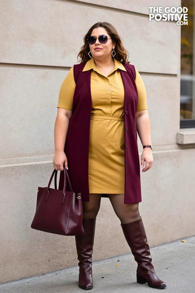 Marigold Shirt Dress with Cranberry Tailored Vest