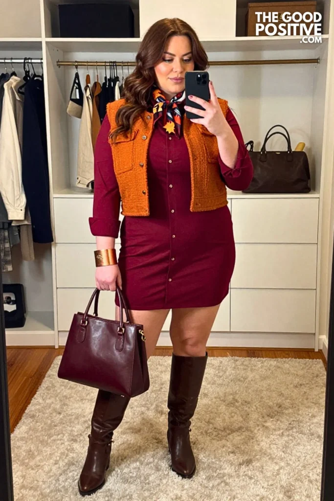 Merlot Shirt Dress with Pumpkin Tweed Cropped Jacket