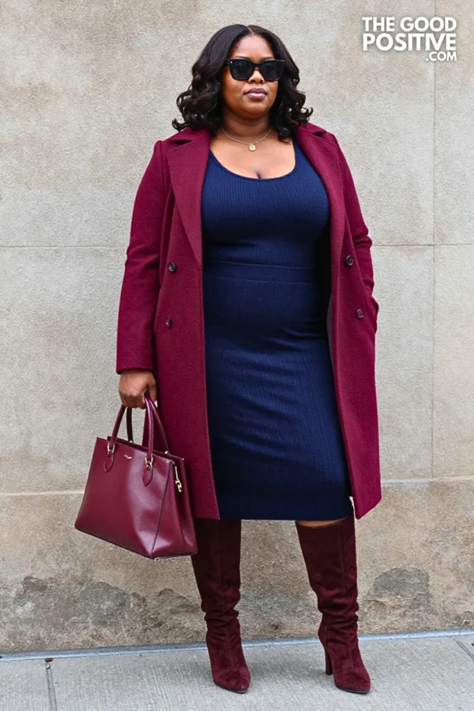 Midnight Navy Knit Set, Burgundy Coat, and Tall Boots
