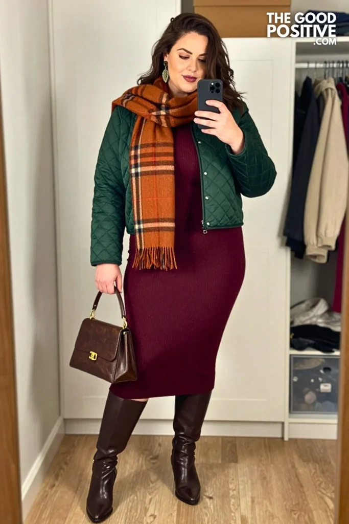 Moss Green Quilted Jacket with Mahogany Knit Column Dress