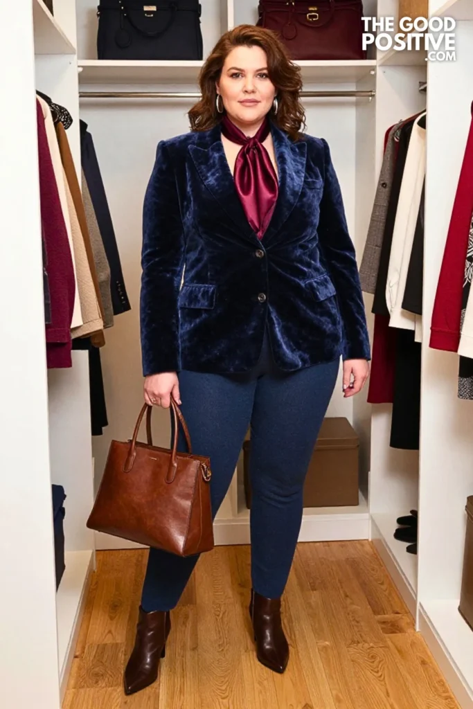 Mulberry Velvet Blazer with Smoke Blue Knit Trousers