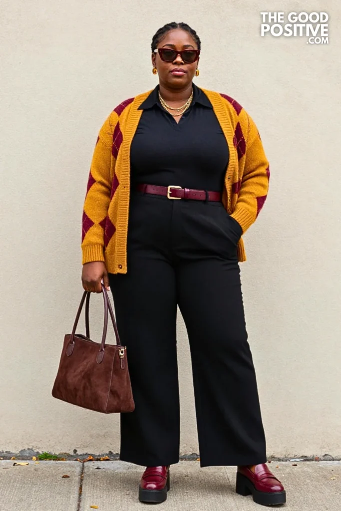 Mustard Argyle Sweater, Black Wide-Leg Pants, and Oxblood Loafers