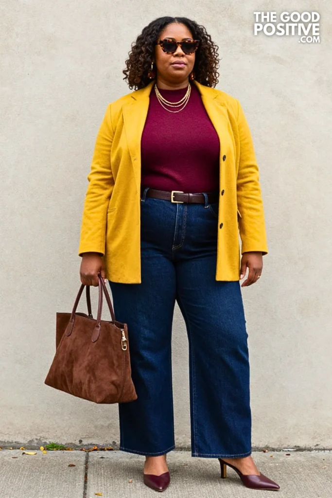 Mustard Funnel-Neck Jacket, Indigo Jeans, and Burgundy Mules
