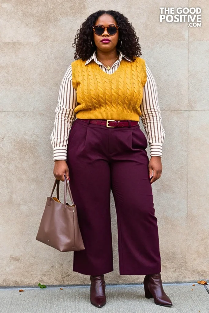 Mustard Knit Vest, Striped Shirt, and Plum Trousers