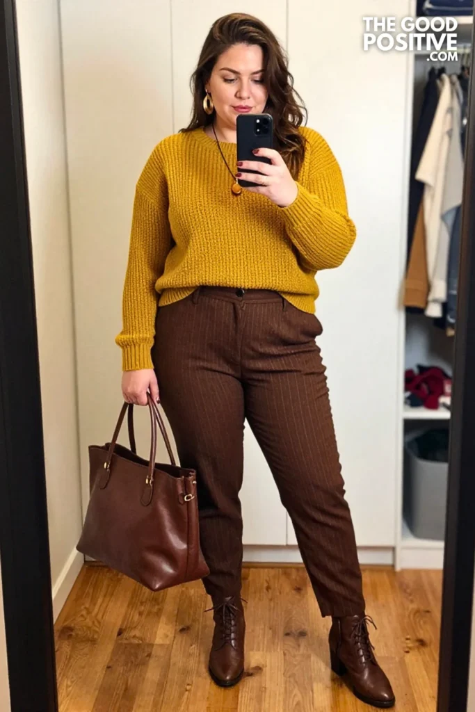 Mustard Textured Sweater with Coffee Pinstripe Barrel-Leg Pants