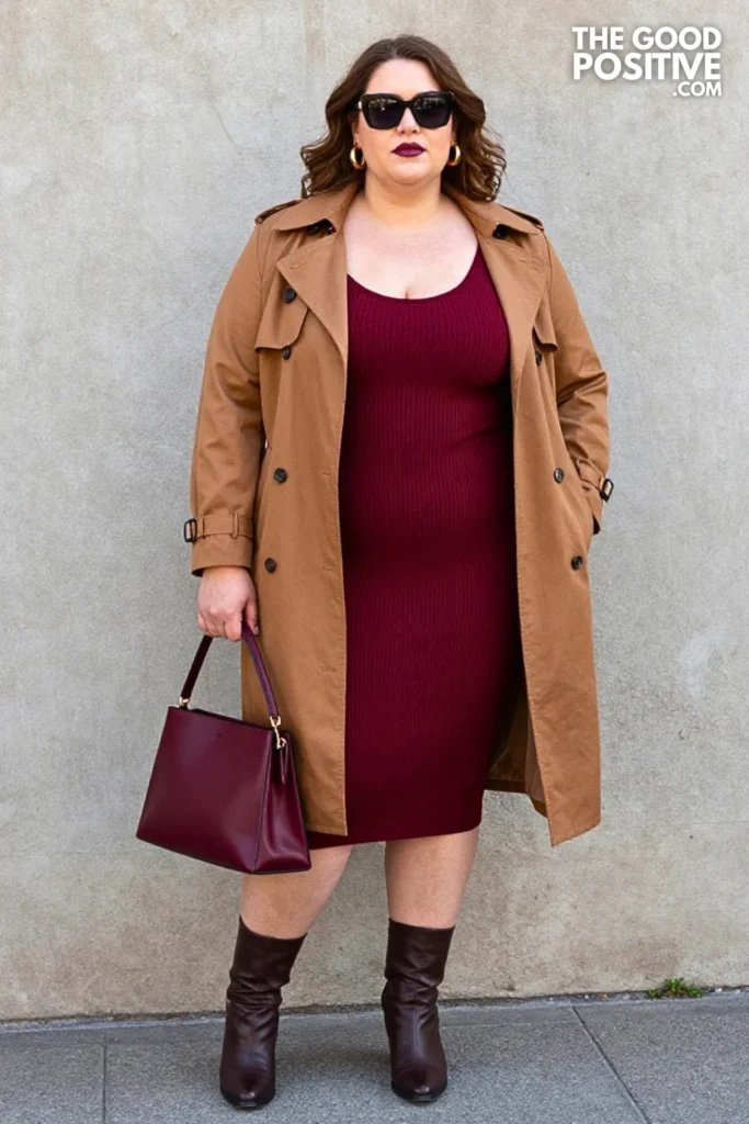 Oxblood Knit Dress, Cropped Trench, and Chocolate Boots