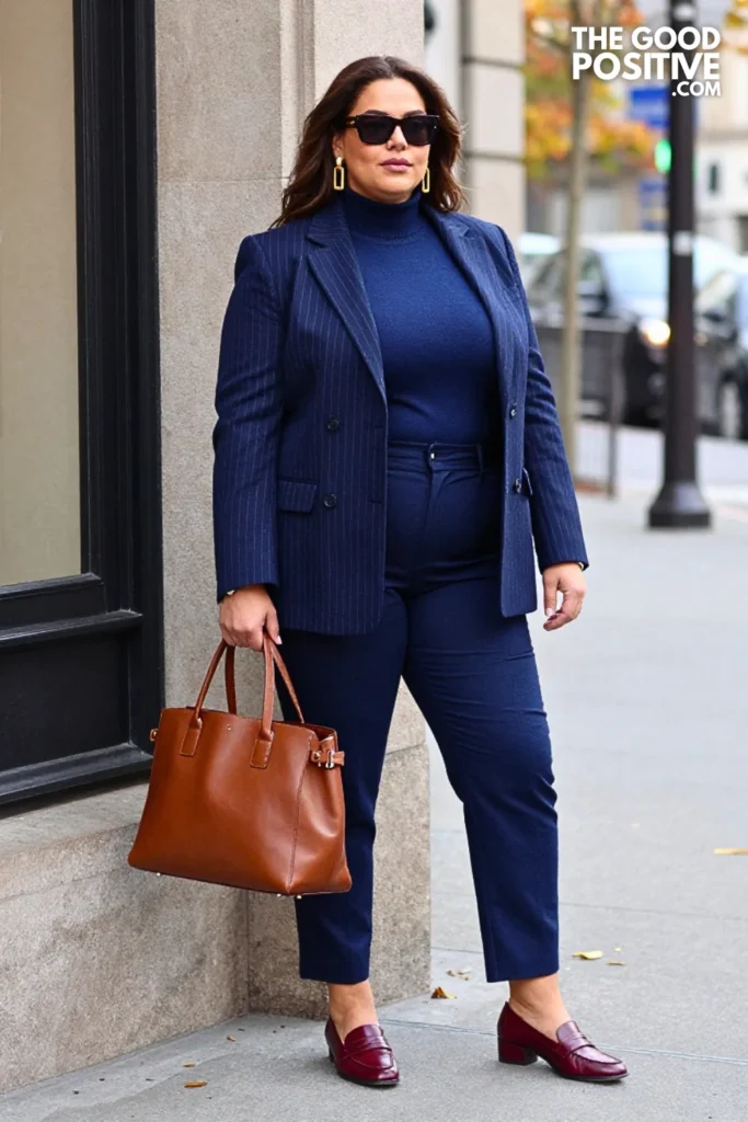 Paprika Turtleneck with Indigo Pinstripe Suiting