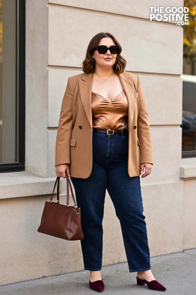 Plum Blazer with Saffron Satin Camisole and Jeans