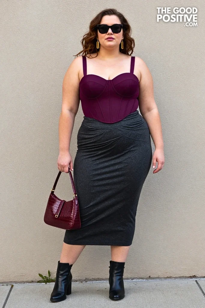 Plum Corset-Style Top, Charcoal Maxi Skirt, and Leather Boots