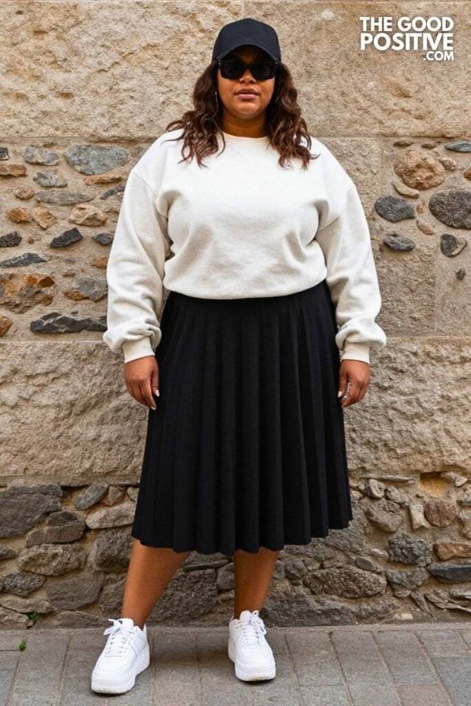 Plus Size Black Pleated Midi Skirt With Oversized Graphic Sweatshirt Outfit
