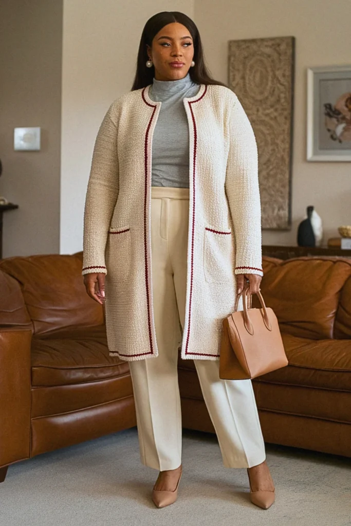 Plus Size Bouclé Cardigan Coat Professional Fall Outfit