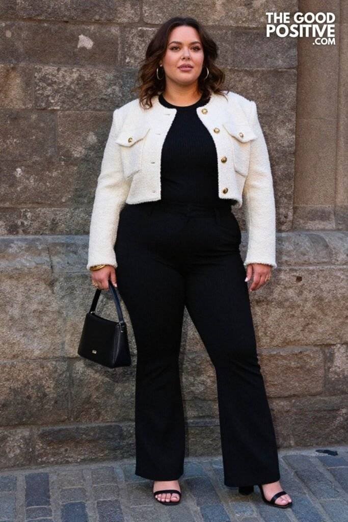 Plus Size Boucle Cropped Jacket With Flared Ponte Pants Outfit