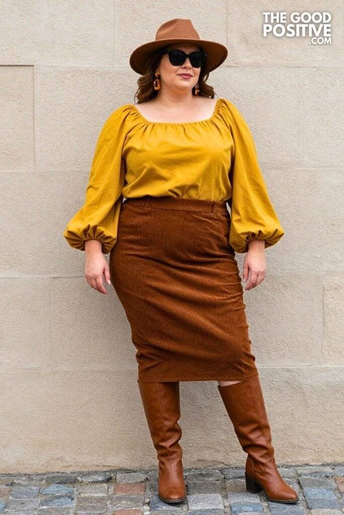 Plus Size Brown Corduroy Midi Skirt With Mustard Balloon-Sleeve Blouse Outfit