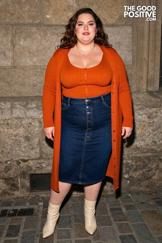 Plus Size Button-Front Denim Midi Skirt With Fitted Ribbed Cardigan Outfit