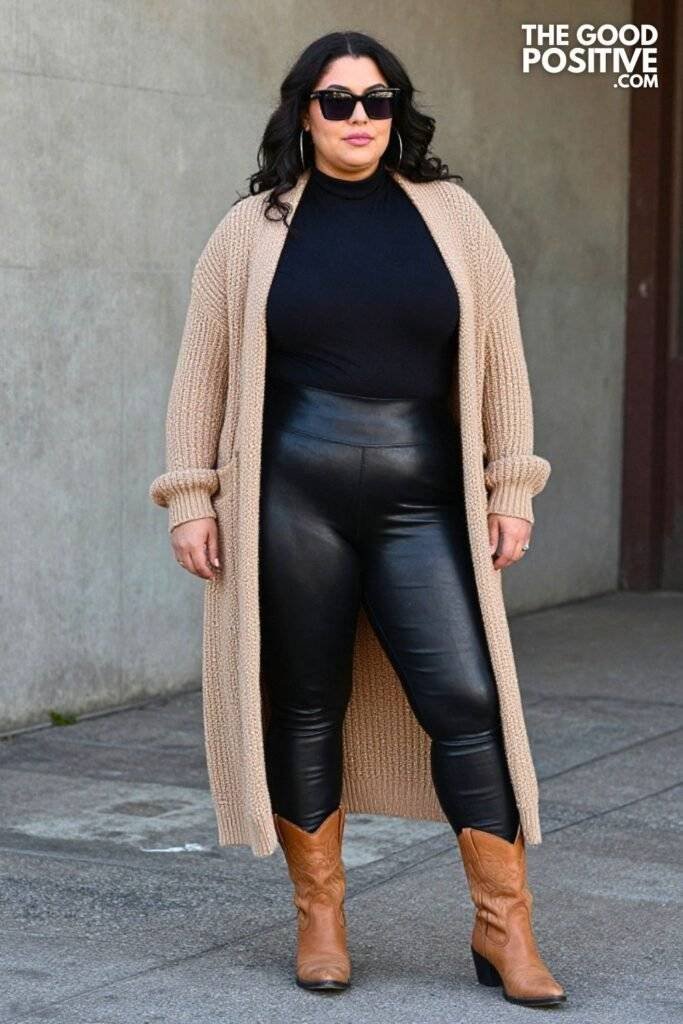 Plus Size Camel Longline Cardigan With Faux Leather Leggings Outfit