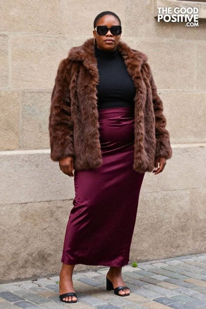 Plus Size Chocolate Brown Faux Fur Coat With Satin Slip Midi Skirt Outfit