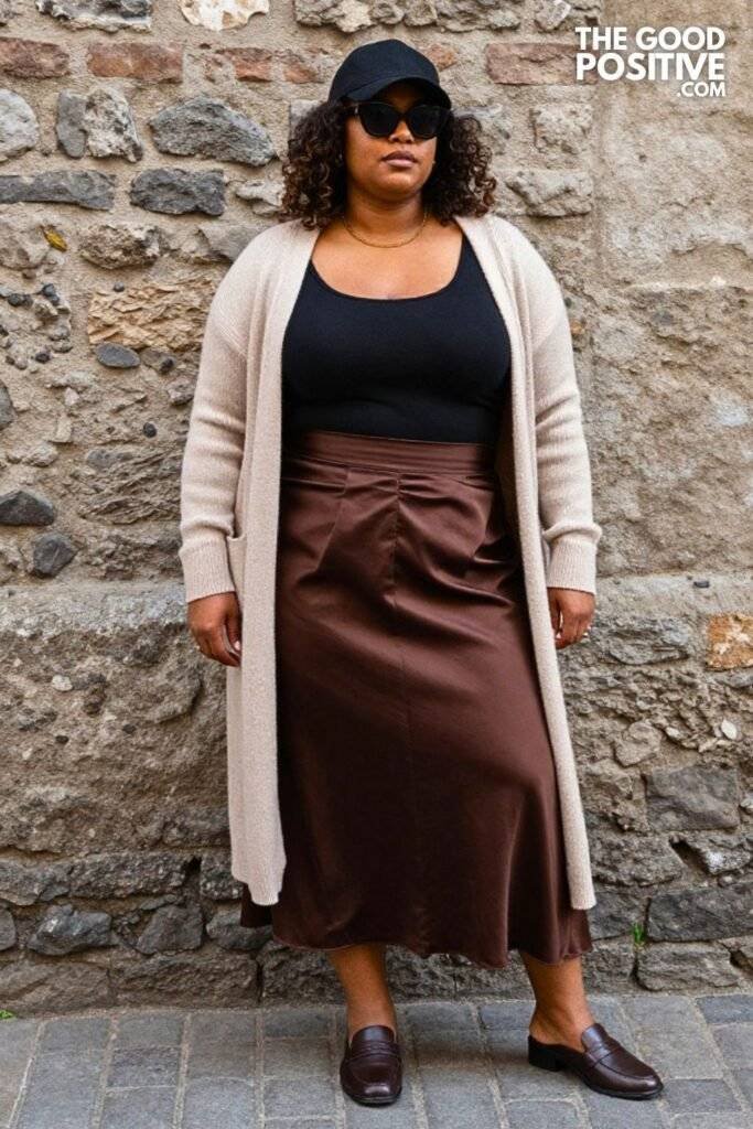 Plus Size Chocolate Brown Pleated Satin Skirt With Cozy Cardigan Outfit