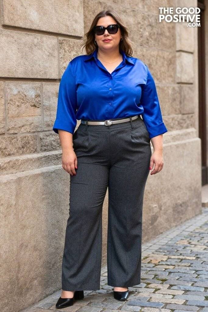 Plus Size Cobalt Blue Satin Blouse With Tailored Charcoal Wide-Leg Trousers Outfit