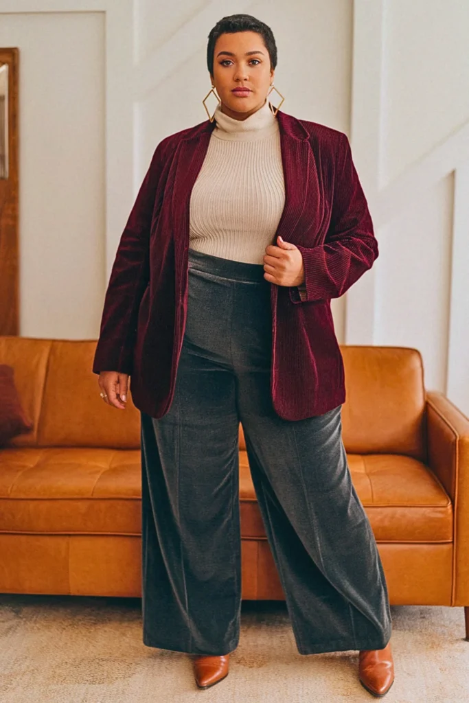 Plus Size Corduroy Blazer and Wide-Leg Trouser Fall Outfit