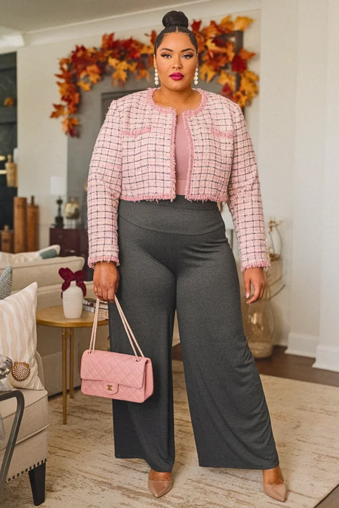 Plus Size Cropped Jacket and Palazzo Pants Fall Outfit