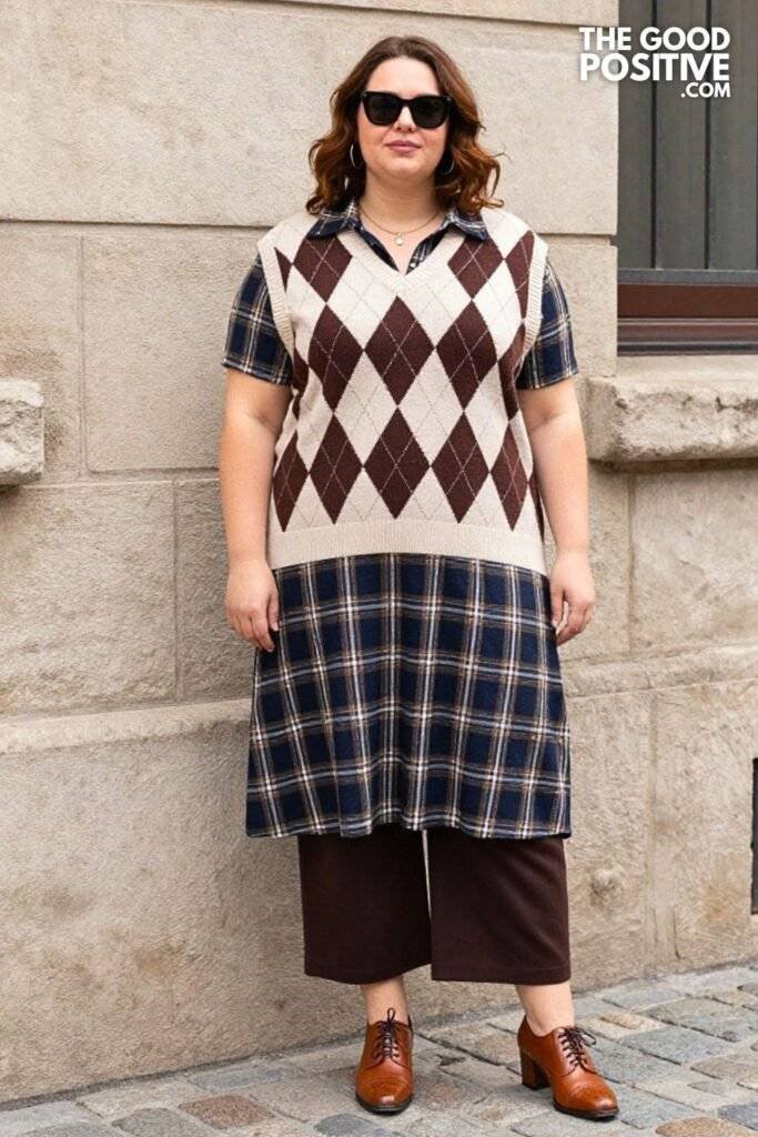 Plus Size Dark Academia Sweater Vest With Collared Shirt Dress Outfit