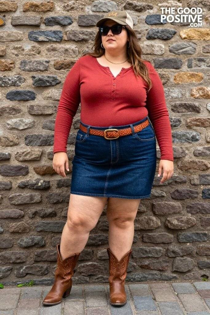 Plus Size Dark Wash Denim Maxi Skirt With Thermal Henley Top Outfit