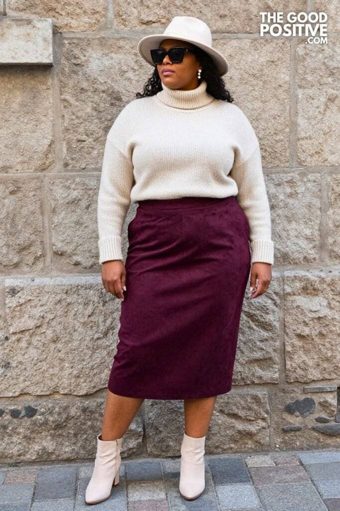 Plus Size Deep Plum Faux Suede Midi Skirt With Cozy Turtleneck Sweater Outfit