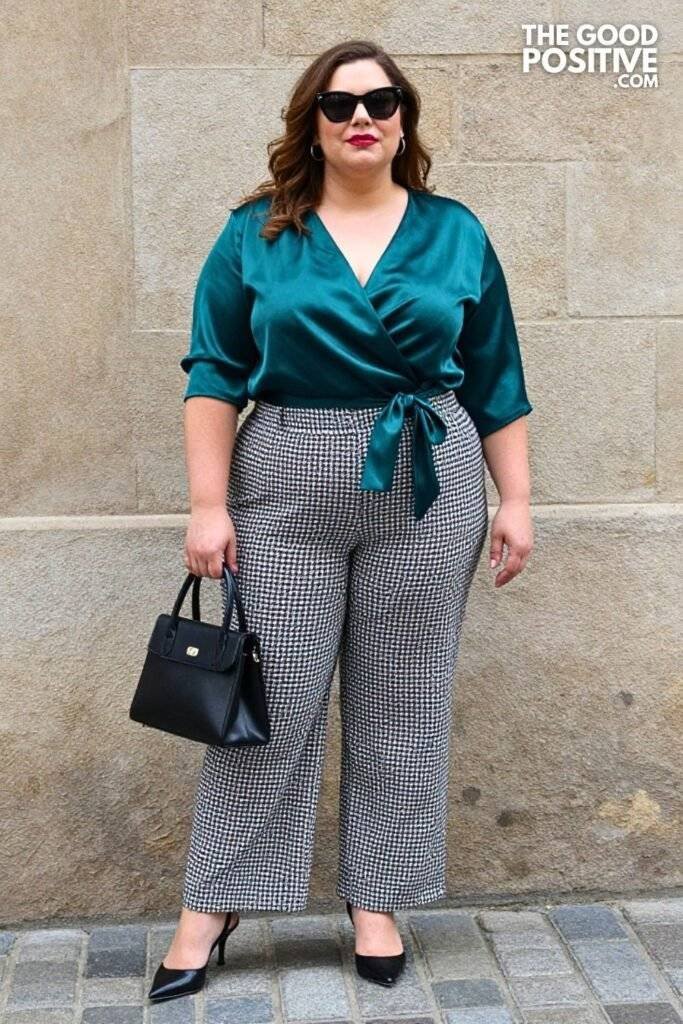 Plus Size Deep Teal Wrap Blouse With Houndstooth Wide-Leg Trousers Outfit