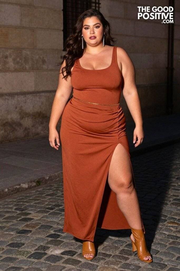 Plus Size Draped Crepe Maxi Skirt With Fitted Scoop-Neck Top Outfit