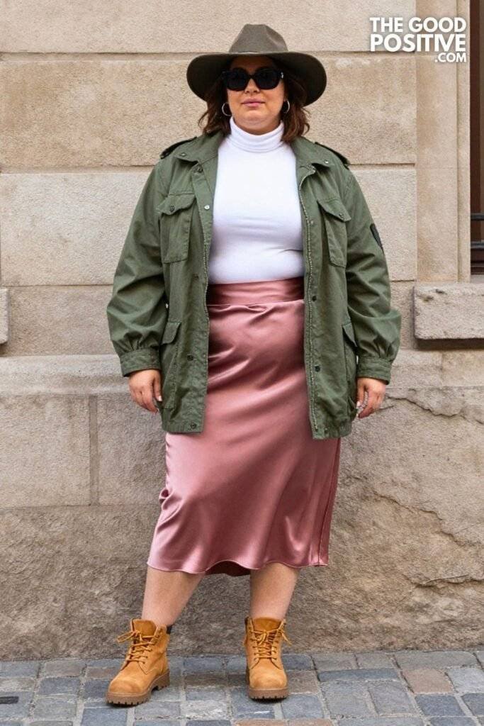 Plus Size Dusty Rose Satin Midi Skirt With Oversized Army Jacket Outfit