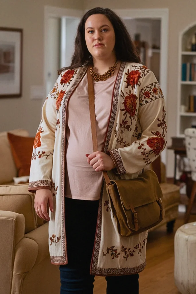 Plus Size Embroidered Cardigan Cultural Fall Outfit