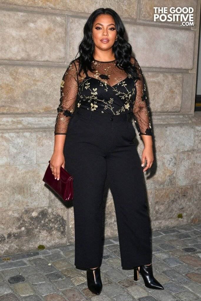 Plus Size Embroidered Mesh Top With High-Waist Tailored Trousers Outfit