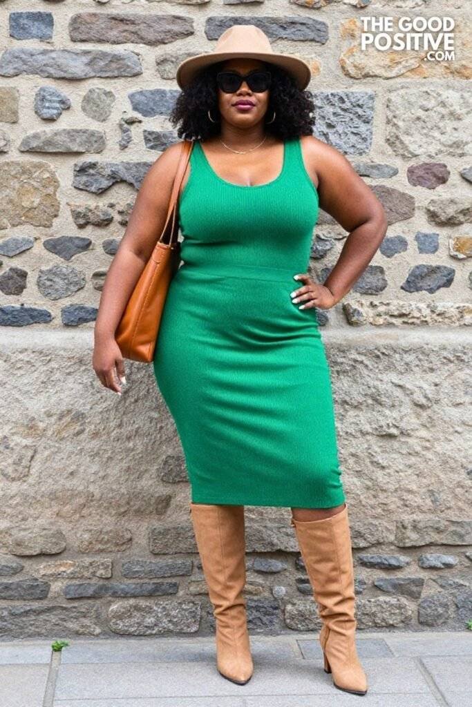 Plus Size Emerald Green Knit Midi Skirt With Matching Knit Top Outfit
