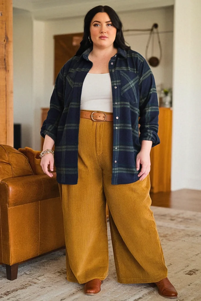Plus Size Fall Flannel Shirt With Corduroy Pants Comfy Outfit