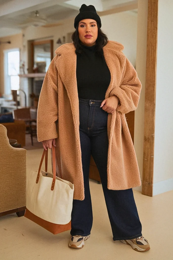 Plus Size Fall Teddy Bear Coat With Straight Leg Jeans Comfy Outfit