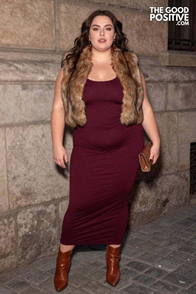 Plus Size Faux Fur Cropped Vest Over Fitted Maxi Dress Outfit