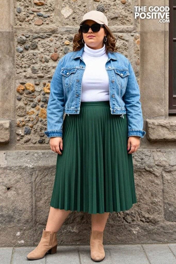Plus Size Forest Green Pleated Skirt With Cropped Denim Jacket Outfit