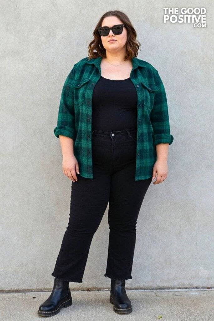 Plus Size Forest Green Shacket With Black Flared Jeans Outfit