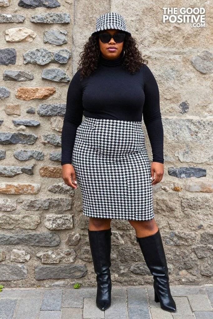 Plus Size Houndstooth Maxi Skirt With Fitted Black Turtleneck Outfit