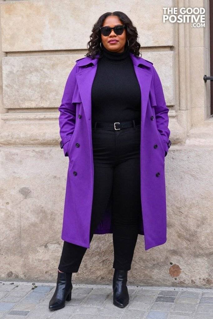 Plus Size Jewel-Tone Purple Trench Coat With All-Black Outfit Underneath