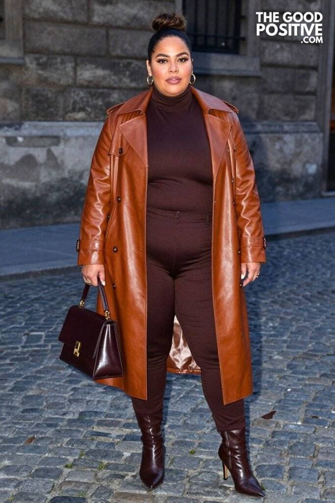Plus Size Leather Trench Coat Over Monochrome Turtleneck Set Outfit