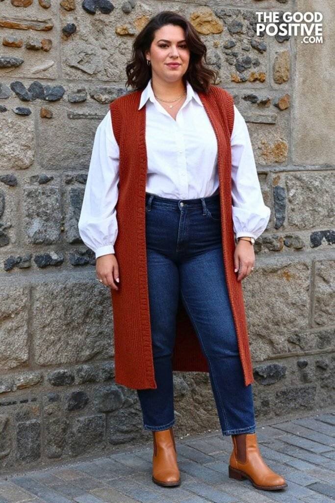 Plus Size Longline Sweater Vest Over Collared Blouse With Straight Jeans Outfit