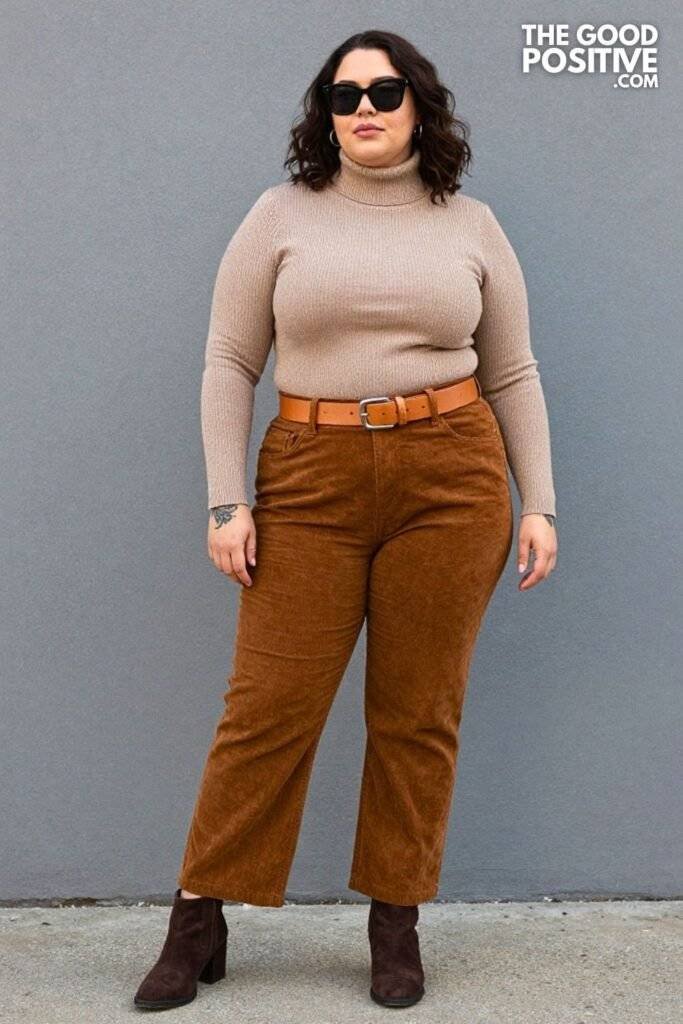Plus Size Mocha Ribbed Turtleneck With Wide-Leg Corduroy Pants Outfit