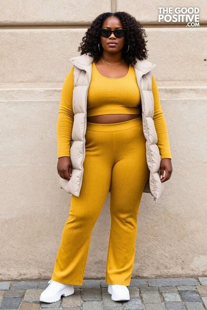 Plus Size Mustard Knit Co-Ord Set With Longline Vest Outfit