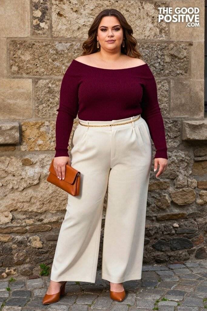 Plus Size Off-Shoulder Knit Top With Wide-Leg Trousers Outfit
