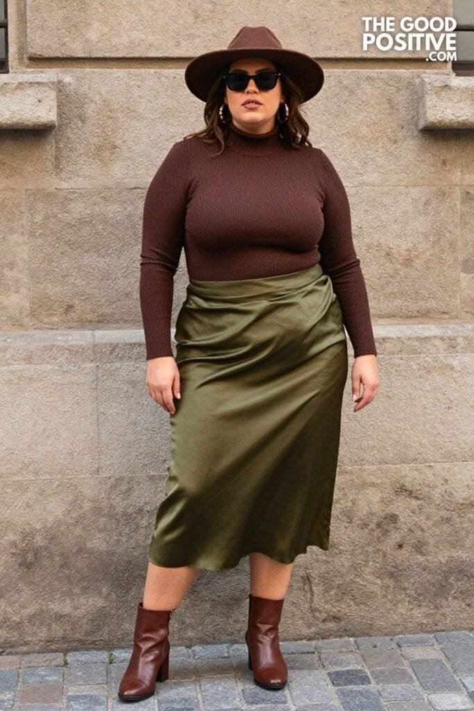 Plus Size Olive Green Satin Midi Skirt With Ribbed Turtleneck Bodysuit Outfit