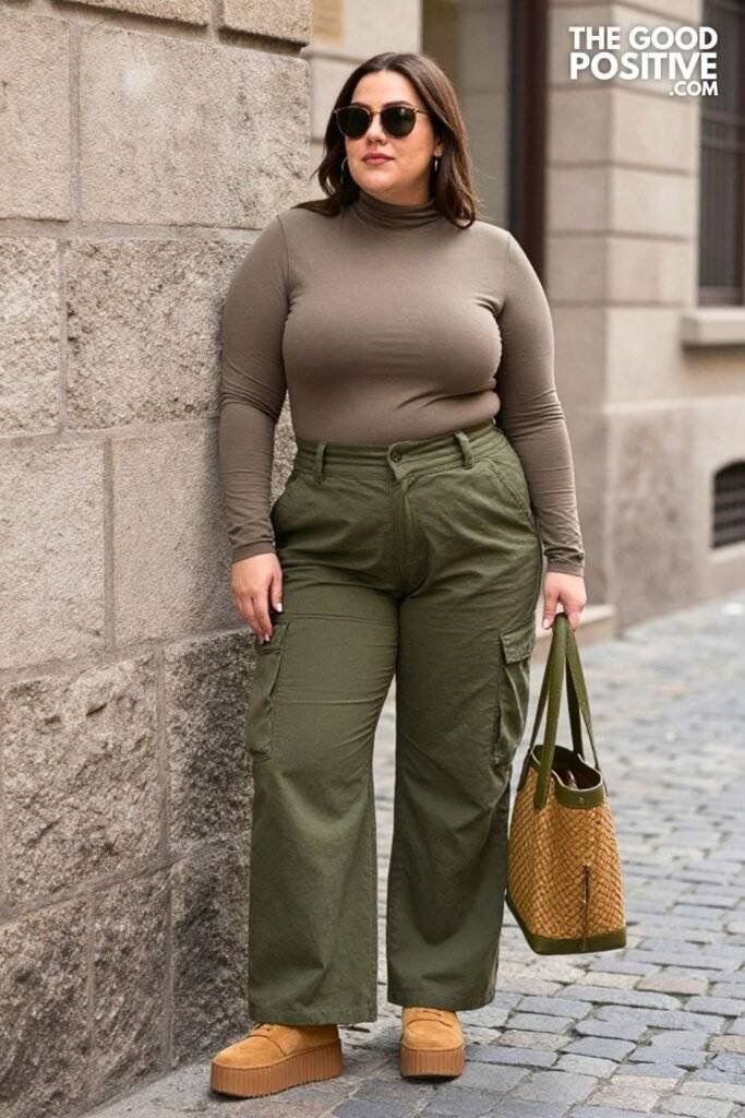 Plus Size Olive Utility Cargo Pants With Fitted Mock-Neck Top Outfit