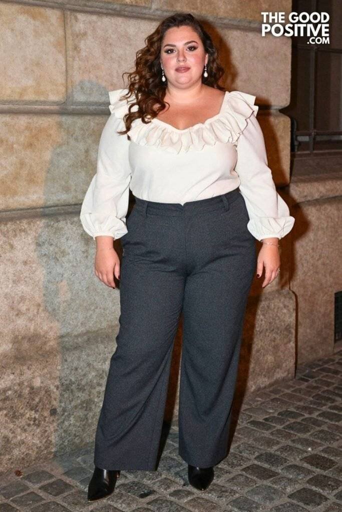 Plus Size Organza Ruffle-Hem Blouse With Tailored Wide-Leg Pants Outfit