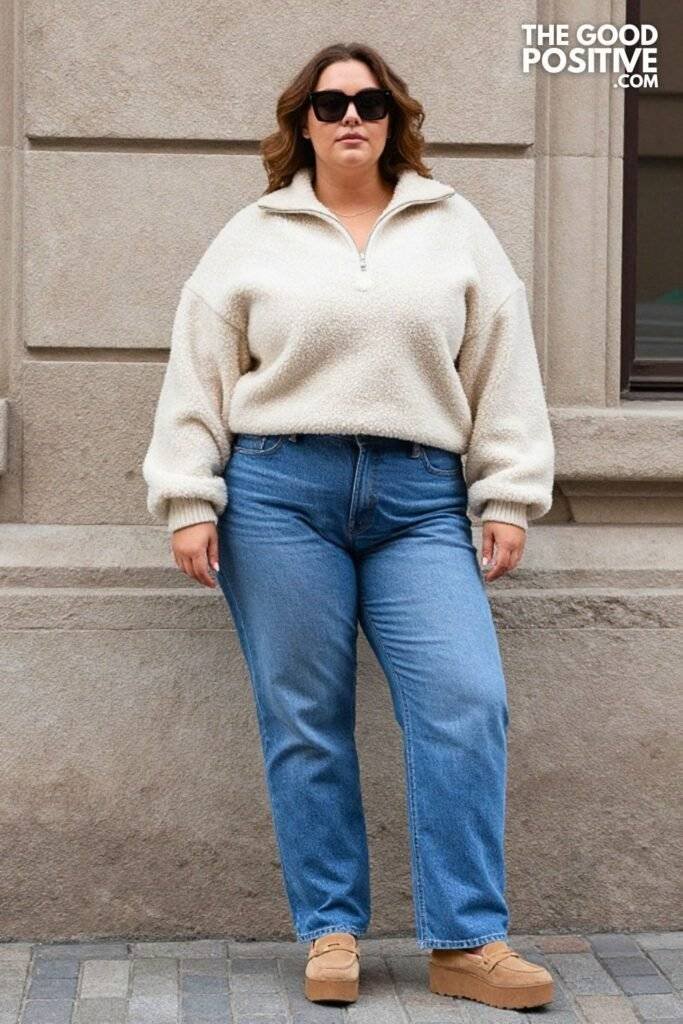 Plus Size Oversized Sherpa Pullover With Straight-Leg Vintage Wash Jeans Outfit