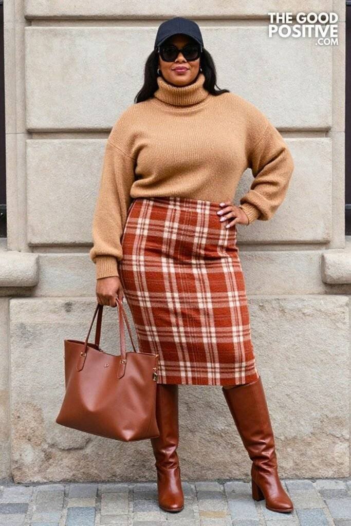 Plus Size Plaid Midi Skirt With Oversized Turtleneck Outfit